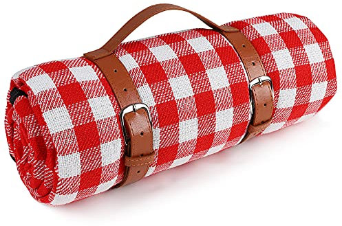 Ben & Bel Wasser-/Sand-/schmutzabweisende Picknickdecke mit PU-Griff, für den Außenbereich, quadratisch, 150 x 200 cm, Rot / Weiß