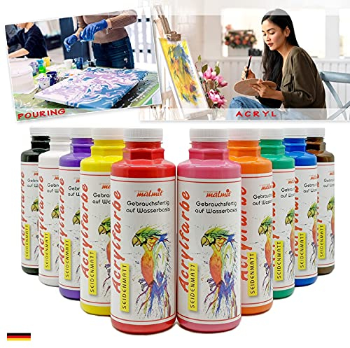 malmit Creative hochwertige Acrylfarben 10er Set je 500ml | Künstler Farben in Seidenmatt | hochdeckende Malfarben | Made in Germany | auch geeignet für Pouring