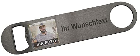 Flaschenöffner aus Edelstahl mit Logo/Bild und Text personalisiert (17,8 x 4cm) | Mit Wunsch-Motiv und Wunsch-Text individuell gestalten