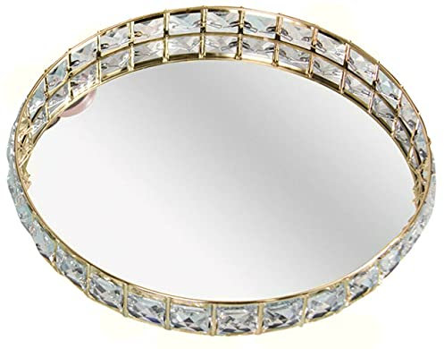 26cm Round Gold Crystal Mirrored Display Tray Jewelled Design Glass Serving Tray