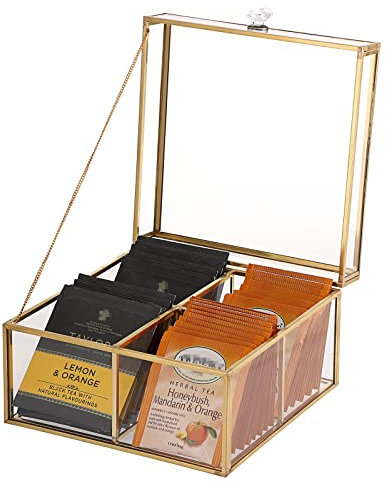 ELLDOO Goldfarbene Glas-Teebeutel-Box mit Deckel, Schmuckkästchen, Arbeitsplatte, Aufbewahrung für Zuckerpakete, Make-up-Schwämme, Schmuck, 4 Gitter, nur Glasbox