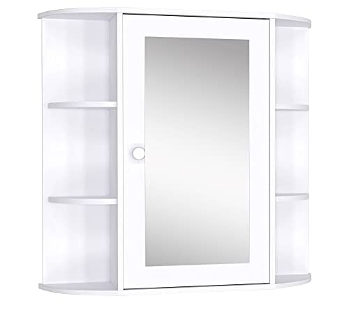 HOMCOM Armario de Baño con Espejo Mueble Colgante de Aseo con 1 Puerta 2 Estantes Interiores y 6 Estantes Laterales para Salón Cocina Dormitorio 66x17x63 cm Blanco