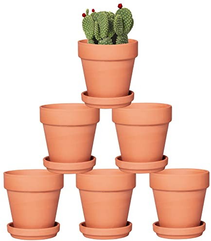 4 Inch Terracotta Pots with Saucer - 6 Pack Small Clay Plant Pots with Drainage Holes, Flower Pots with Tray, Terra Cotta Pots for Indoor Outdoor Plants, Crafts, Wedding Favor