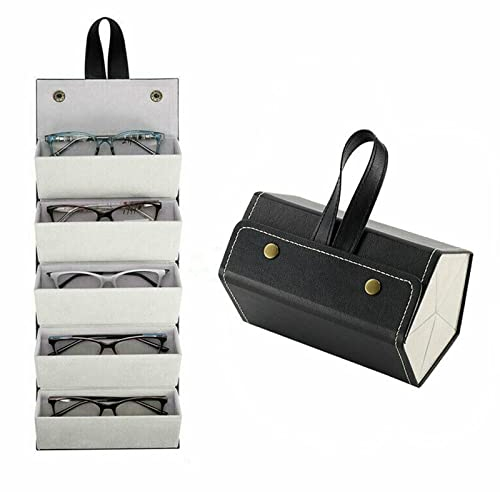 Sunglasses Travel Organizer,5 Slots Roll Up PU Leather Sunglasses Holder,Foldable Glasses Storage Organiser Tray,Portable Eyeglasses Holder Box,Eyeglasses Storage Display Glasses Case for Women & Men
