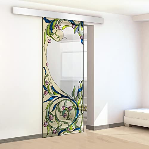 Porta scorrevole in vetro colorato dipinto a mano, modello TOSCANA blu 85x215 cm (60/85/95 cm) 8 mm vetro trasparente, kit completo di ferramenta (85x215 cm, SINISTRA)