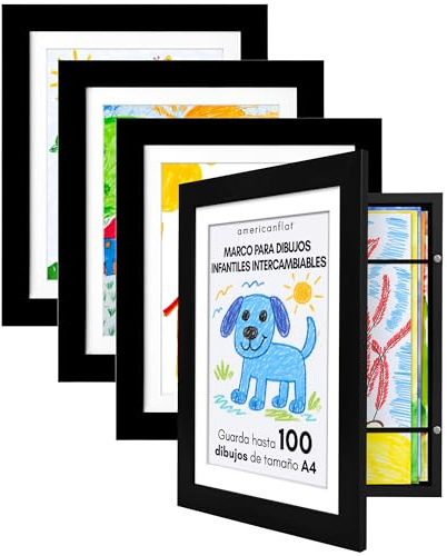 Americanflat - 4 Pack - Kids Artwork Display Frame Changeable (Black) - Magnetic Door Holds 100 Art Pieces - A4 Size Display with Mount or 10x12.5 Without Mount - My Mini Masterpiece