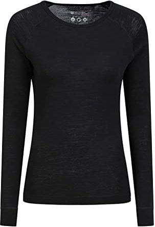 Mountain Warehouse Merino Womens Thermal Baselayer Top - Lightweight, Antibacterial & Breathable Ladies T Shirt - for Travel, Hiking, Camping, Skiing, Snowboard Black Women's Size 24