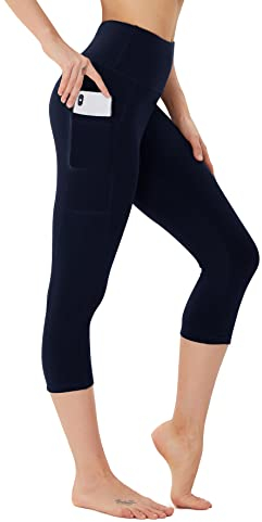FOTOCITI Leggings Damen mit Tasche Capri Leggins High Waist Caprihose Sommer Blickdicht Sportleggins Sporthose Hose Gym Outdoor Yoga(Navy,L-XL)