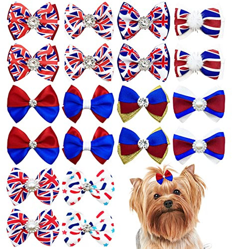 BIPY 20PCS Union Jack Dog Hair Bows with Rubber Bands Dog Grooming Bows Kings Coronation UK British Flag Kitten Puppy Cat Hair Bows Topknot Attachment Accessories Colors Random