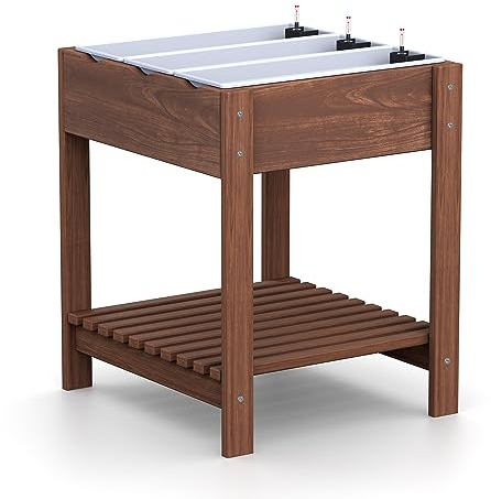 Plastard Hochbeet Kiefernholz mit Ablage Braun inklusive - 3 x 60 cm Einsätze - Wasserstandsanzeiger - Balkon und Garten - Anzuchtbeet - Kräuterbeet