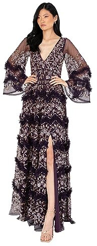 Maya Deluxe Women's Ladies Womens Maxi V Neckline Sequin with Ruffle Empire Waist Slit Split for Prom Ball Bridesmaid Wedding Guest Dress, Berry, 38