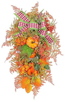 Weihnachtskranz Herbst Thanksgiving Kranz Kürbis Schleife Simulation Kranz Tür hängende Dekoration Makramee Holzstab 30 cm (Orange One Size)