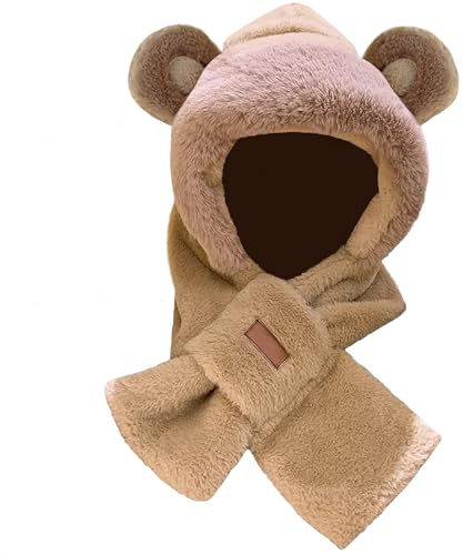 dressfan Plüsch Bär Ohren Hut Schal 2 in 1 Set, Tier Bär Warme Mütze Hut Ohrenklappen, Lustige Neuheit Geburtstag Weihnachten Weihnachten Geschenke,Khaki