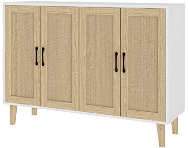 Panana Buffet Storage Cabinet with Rattan Decorating Living Room Wood Kitchen Sideboard Accent Cabinet (123(W) x 38(D) x 88(H) cm, White)