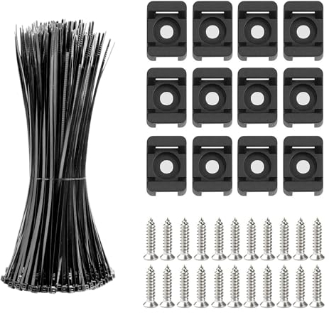 CLKE Juego de 100 soportes para cables atornillables, con 100 bridas, 100 bridas, 100 tornillos, bridas de nailon, bridas negras, abrazaderas de cable para atornillar para la fijación de cables