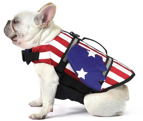 Petglad Hundeschwimmweste mit amerikanischer Flagge, Flügel, Hundeschwimmweste mit Kinnschwimmer, reflektierend, hoher Auftrieb, Schwimmweste für kleine, mittelgroße und große Hunde, USA-Flagge, L
