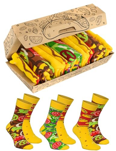 Rainbow Socks - Tacos Box Socks - Damen Herren Novelty Lustig Geschenk Socken mit Taco-Muster Für Fans von leckerem Essen und der Mexikanische Küche - 3 Paar - Größen 41-46