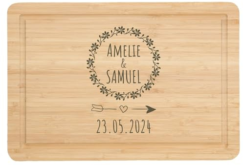 Personalisiertes Schneidebrett aus Bambus für Brautpaar Hochzeitsgeschenk mit Gravur Geschenk zur Hochzeit für Hochzeitspaar mit Name und Datum nach Wunsch - Motiv: Blumenkreis Liebe
