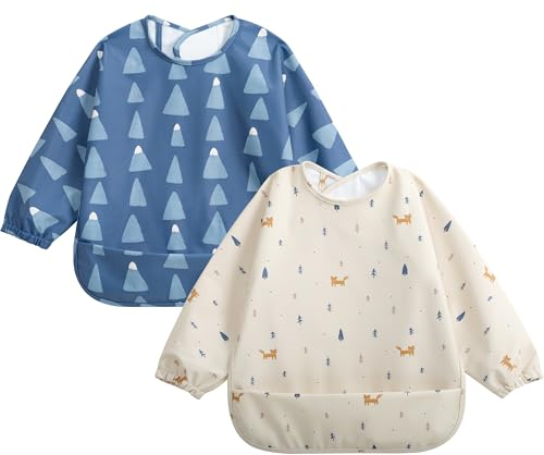 Little Dimsum Babero Impermeable de Manga Larga, 2PCS Baberos para Bebés, Baberos para Bebés Impermeables, Delantales Pintados para nifos para ninos de 6 a 3 anos, (Montañas nevadas&Zorro)