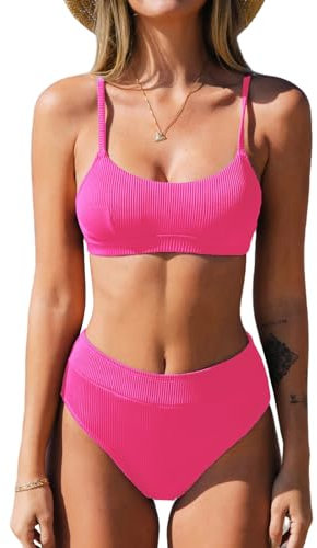 CUPSHE Bikini Set for Women Two Piece Swimsuits High Waisted Adjustable Spaghetti Straps Back Hook Backless Rose Pink M