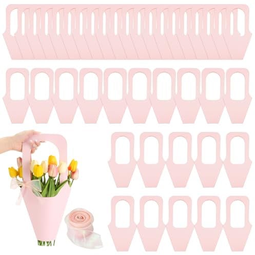 RETON 40 Pcs Pink Kraft Paper Flower Gift Bags, Portable Flower Bags for Bouquets with 10 Yard Sparkling Ribbon, Creative Cone Flower Wrapping Bags for Valentine Florist Wedding Decor (Pink)