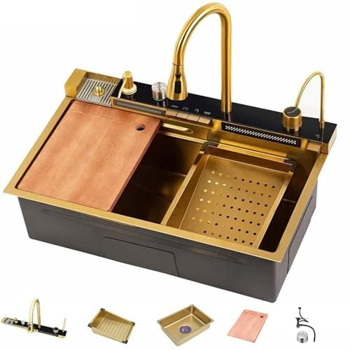 Btsunotr Doppel-Wasserfall-Spüle, Gold 304 Edelstahl Unterbau-Küchenspüle, LED Warm- und Kaltwasser-Doppelbedienung, Klavier-Druckknopf-Bedienung mit Multi-Funktions-Wasserhahn(75 * 45 * 22cm)