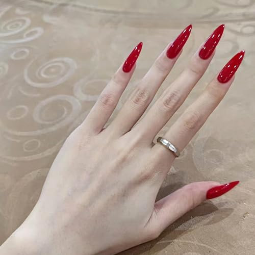 NICENEEDED 24Pcs Halloween Presse Sur les Ongles Faux Ongles Longs Stiletto Amande Ongles Artificiels à Couverture Complète Rouge