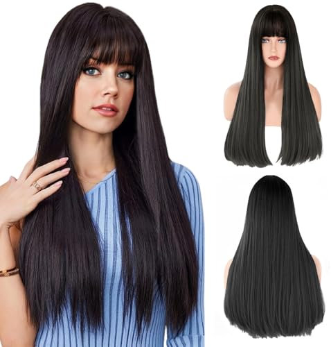 LUFFLOK Lange Gerade Schwarze Perücken für Frauen Synthetisches Haar Hitzebeständig Perücke Natuaral Gerade Brünette Perücke mit Pony Geschichtetes Haar für Tägliche Party Cosplay 70cm (black)