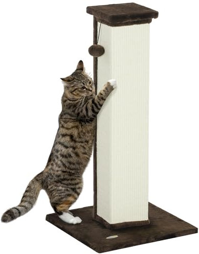 PawHut Cat Scratching Post for Indoor Cats, 81cm Cat Scratcher, Vertical Full Scratcher with Natural Sisal Rope, Hanging Ball and Soft Plush, Brown
