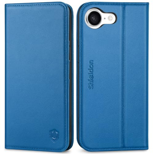 SHIELDON Echtleder Hülle für iPhone 17e & iPhone 16e 6,1 5G, Saphirblau | Kartenschlitz, Ständer, RFID-Blocker, Stoßfest, Magnetisches Handyhülle, Schutzhülle, Handytasche, Klappbar Case