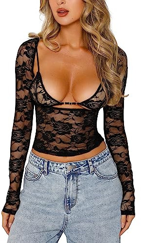 LYSINK Women Lace Tops Sexy Long Sleeve Lace Flower Sheer Mesh V Neck Slim Fit Blouses Y2K Club Streetwear Clothes (Bb Black, S)