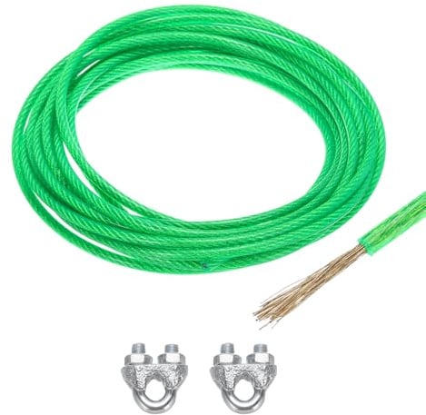 QUARKZMAN 5mm (3/16) Cavo Acciaio Rivestito Verde, 6m/20ft Cavo Acciaio Zincato con 2Pz Manicotti a Anello M6 Morsetti Stendibiancheria per Appendere Luci Corda, Ringhiere Ponti