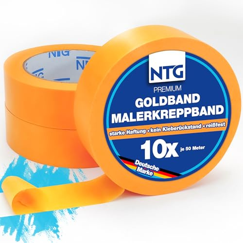 NTG Premium Goldband 10 Rollen 30mm x 50m = 500m - Malerband Kreppband | Abklebeband - Washi Tape - extra starkes Abdeckband für perfekte Kanten beim Streichen und Lackieren