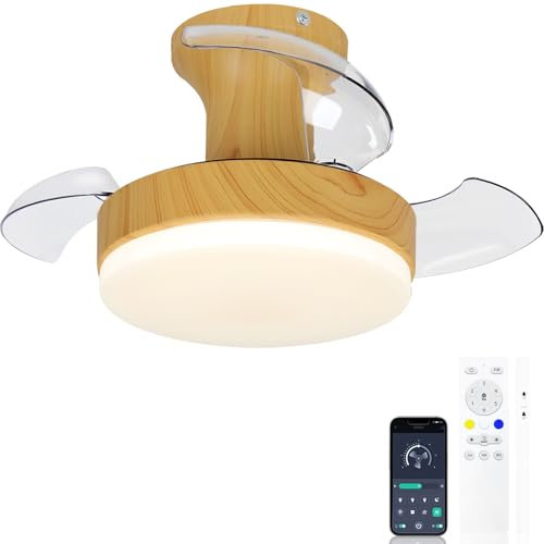 Lampara Techo Ventilador Aspas Retráctiles Plegables Ocultas, Ventilador Techo Pequeño Con Luz Silencioso Plafón 52cm Color De Madera Falsa Para Salón Dormitorio Habitaciones Pequeñas / Infantil
