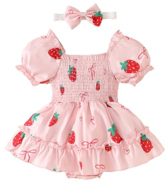 LUVCES Vestito Estivo per Neonata Manica Corta Stampa a Fragola/Orso Abito Pagliaccetto+Fasce per Capelli 2Pcs Completo Estivo Abbigliamento Set