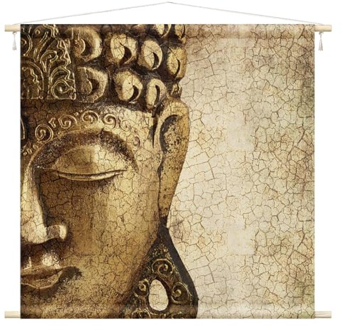 micasia Wandteppich Spirituell Stoffbild inkl. Holzstäbe & Seile Wanddeko - Made in Germany - Buddha Retro Vintage gold Wohnzimmer Schlafzimmer Wandbehang 1168 (145x145cm)