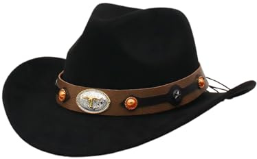 Cowboyhut für Damen und Herren, formbar, breite gerollte Filzkrempe, breite Krempe, Stierkopfgürtel, Westernhut