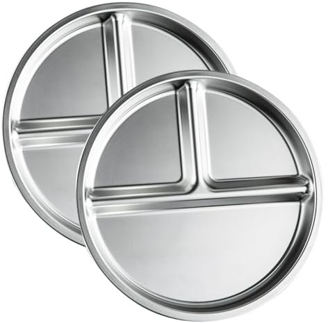 Ziyonix Assiette en Acier Inoxydable avec 3 Compartiments 2Pcs, 23cm Plateau Inox Perte de Graisse, Plateau de Contrôle Portions pour Adultes Enfants, pour Camping Pique-Nique Maison école Cafétéria