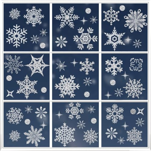 Clips de fenêtre de flocon de neige de glitter d'hiver, 9 feuilles imperméables décorations de flocon de neige statiques de Noël, autocollants de Noël pour fenêtre d'affichage Décorations de fête