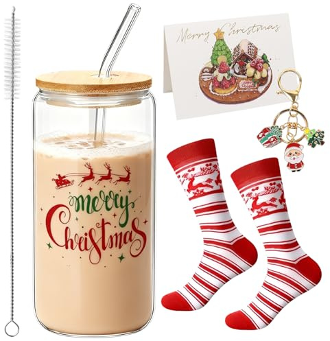 500ml Weihnachtsgläser,Weihnachtsbecher Weihnachten Trinkgläser mit Deckel und Strohhalm Weihnachtstassen Weihnachtsgesche Weihnachtsglas mit Schlüsselanhänger Socken für kaffee Tea Saft Cocktails