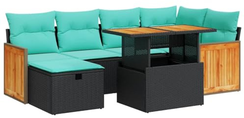 vidaXL 7 Piece Garden Sofa Set with Cushions Brown Poly Rattan Acacia, outdoor sofa set, garden lounge set, poly rattan sofa set, patio sofa set