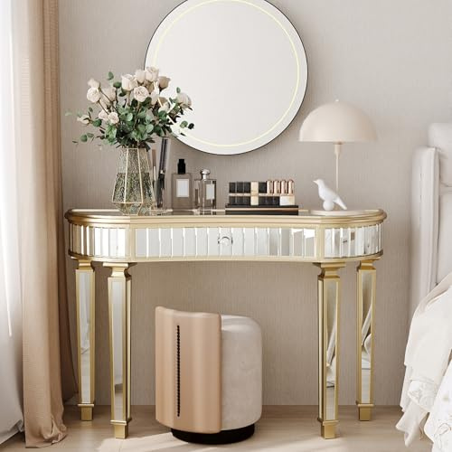 HaoChrymec Console Demi-Lune Miroir 120CM, Table Canapé Luxe avec Verre Flûté Et Tiroir Bouton Cristal, Table Coiffeuse Moderne pour Chambre, Dressing, Salon, Or Et Argent, 120 x 38 x 78 cm