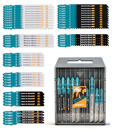 EXFEIN Lot de 50 lames de scie sauteuse assorties à queue en T pour la coupe du bois, du plastique et du métal (T118A, T118B, T127D, T119B, T119BO, T101BR, T144D, T244D)