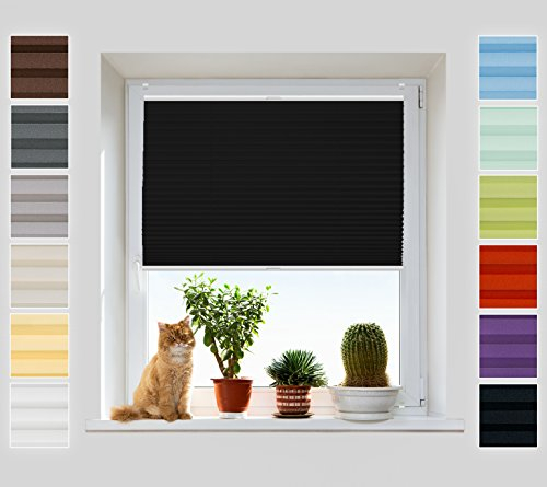 Plissee Rollo ohne Bohren - Jalousie mit easyfix Metall Klemmträger | SUPER Pearl Stoffkollektion | Leicht zu montieren | Faltrollo Sichtschutz, Sonnenschutz, Fenster - [Schwarz, B: 90cm, H: 220cm]