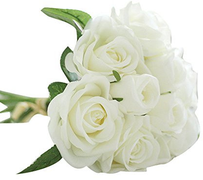 Momola 9 Têtes Artificielle Soie Faux Fleurs Feuille Rose De Mariage Floral Décor Bouquet (Blanc)