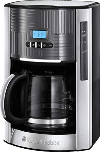 Russell Hobbs Cafetera de Goteo Geo Steel - 12 Tazas, Capacidad de 1,5L, Soporte de Filtro Extraíble, Selector de Intensidad del Café, Pantalla LCD, Programable, Acero Inoxidable, Gris - 25270-56