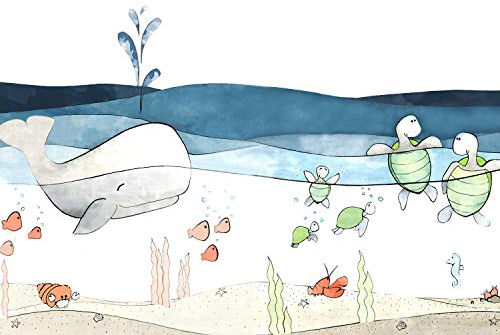 wandmotiv24 Fototapete Kinderzimmer Wasser Wal Schildkröte, XXL 400 x 280 cm - 8 Teile, Wanddeko, Wandbild, Wandtapete, Aquarell Fische Unterwasser Pflanzen M5824