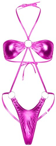 winying Damen Glänzend Bikini Einteiler Badeanzug Sexy Monokini Rückenfrei Stringbody Bademode in Lederoptik Rose Einheitsgröße
