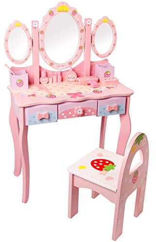 CCLIFE toeletta trucco bambina, toeletta trucco rosa 3 Specchio 3 Cassetti 1 Sgabelli 2 organizzatori, rosa