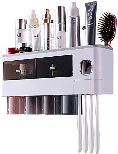TuCao Automatischer Zahnpastaspender Wand platzsparendem Zahnbürstenhalter für Badezimmer, 2 transparente magnetische Becher, 6 Zahnbürstenschlitze, 1 Kosmetik-Organizer-Schublade (Grau-4 Tassen)